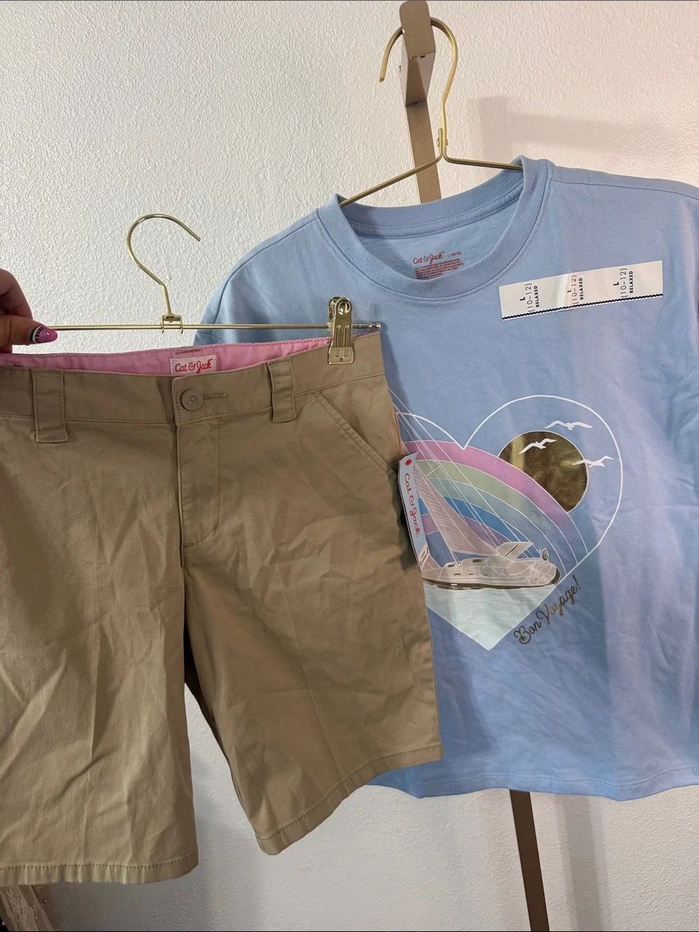 Cat & Jack Bundle- Light Blue Graphic Tee with Khaki Shorts- girls 12